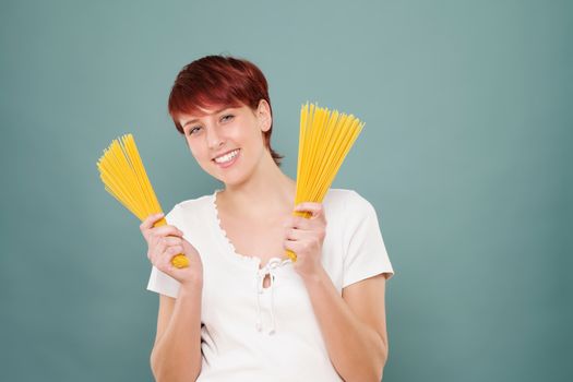 woman holding spaghetti