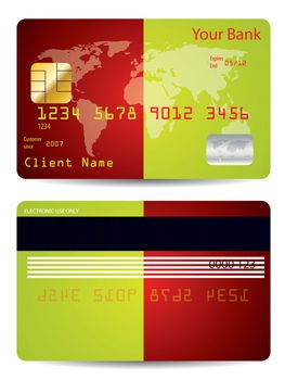 Bicolor background credit card design with world map
