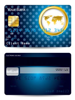 Golden map in ring with dotted blue background credit card design 