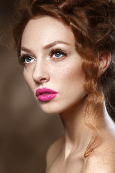 Beauty Fashion Model Girl with Curly Red Hair, Long Eyelashes. B