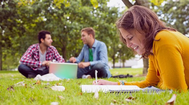 Student writing notes with males using laptop at park