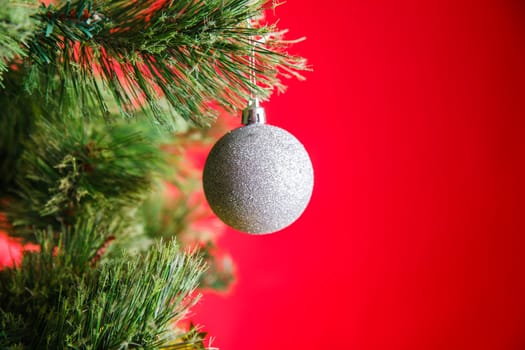 Close-up photo with decorations of christmas tree.