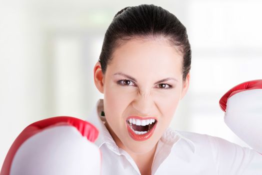 Young businesswoman with boxing gloves, isolated on white background