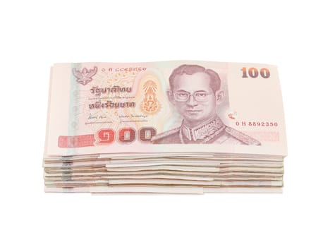 stack of Thai one hundred type banknotes on white background