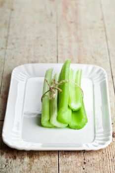 fresh green celery stems in plate