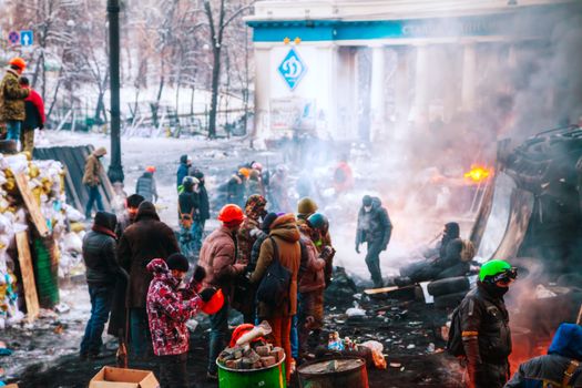 Barricade with the protesters at Hrushevskogo street in Kiev, Uk