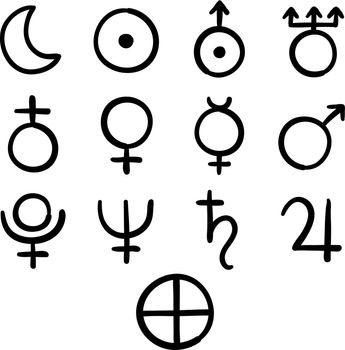 Set of icons for the planets, sun and moon