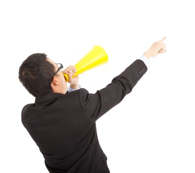 businessman forward pointing with cheering megaphone 