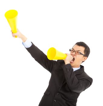asian businessman  encouraging with cheering megaphone