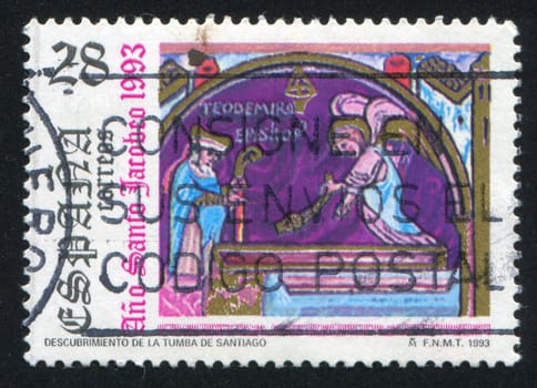 SPAIN - CIRCA 1993: stamp printed by Spain, shows Discovery of tomb of St. James, circa 1993