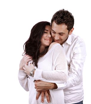 Happy arabic couple hugging isolated on white background, romantic relationship, Valentines day, affection concept
