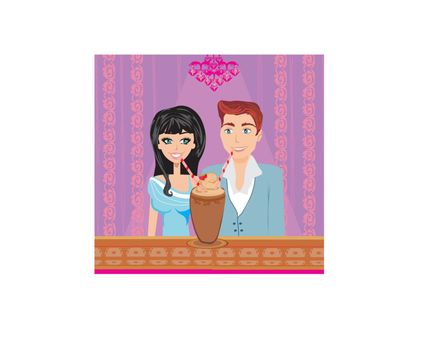 Young couple flirt and drink coffee