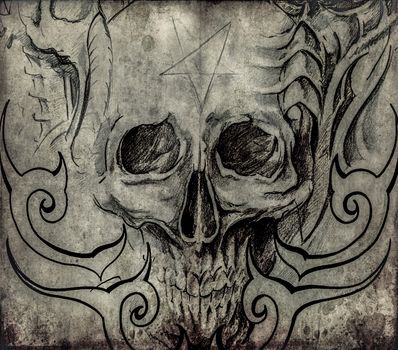 Tattoo art, sketch of skull with tribal designs