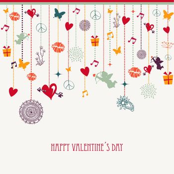 Happy Valentine`s day hanging love icons composition