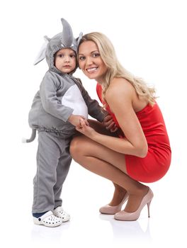 Elegant mom and baby dress as elephant
