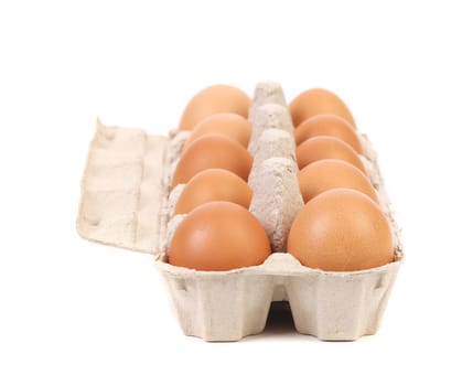 Cardboard egg box with ten  brown eggs