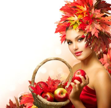 Beauty Autumn Woman with Ripe Red Organic Apples