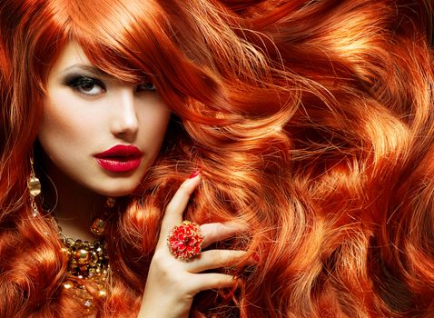 Long Curly Red Hair. Fashion Woman Portrait 