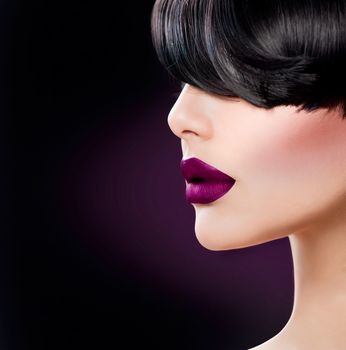 Beauty Woman Face close up with Beautiful Dark Violet Lips