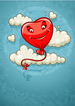Red heart baloon flying among clouds retro