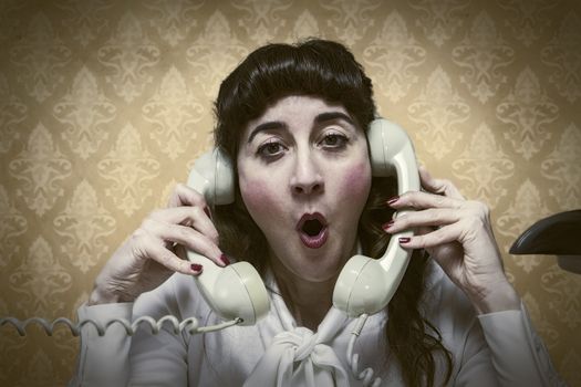 young Secretary screams by phone busy vintage