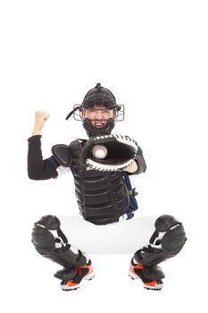Baseball Player, Catcher, showing signal ,  strike out 