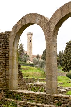 Old roman ruins and medieval towerin Fiesole in Italy
