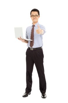 computer engineer is  standing and thumb up