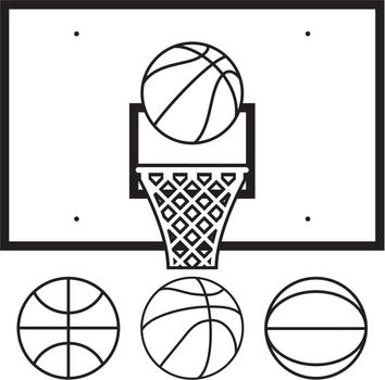 vector collection of basketballs and backboard 