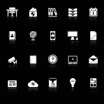 Home office icons with reflect on black background