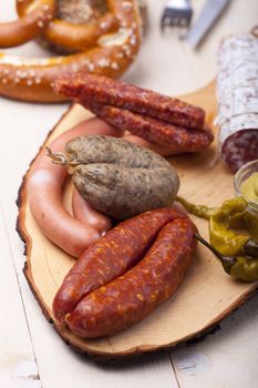bavarian sausages on wood 