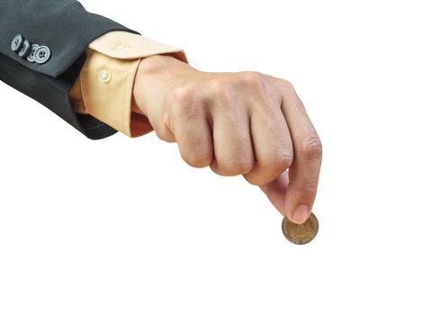 business man hand putting coin on white background