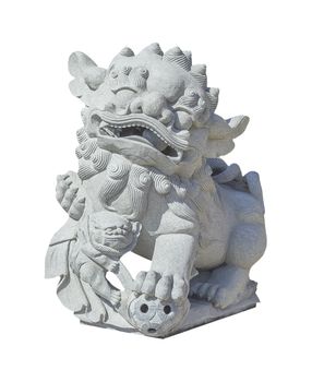 Chinese stone lion statue on white