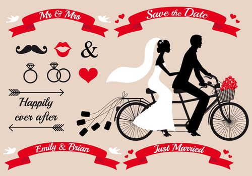 wedding set, bride and groom on tandem bicycle, graphic design elements