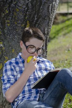 Young boy reading a book in the woods with shallow depth of fiel