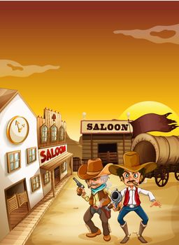 Two armed men standing outside the saloon