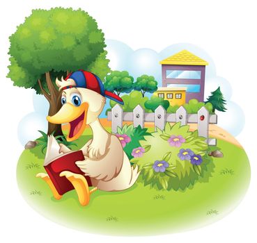A duck reading at the garden with a fence