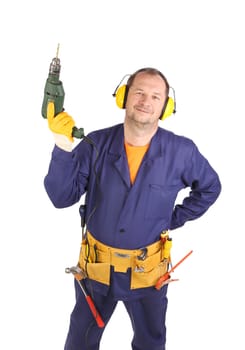 Worker standing with green drill.