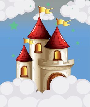A castle in the sky with yellow banners