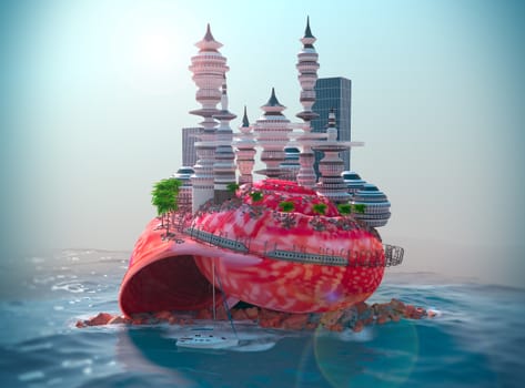 relaxing vacation concept background with seashell and ecologic futuristic city