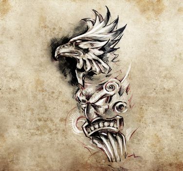 Gargoyle and totem, Tattoo art, hadmade sketch over vintage pape