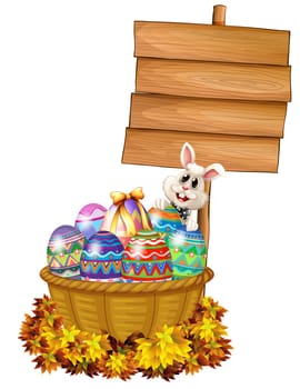 A bunny and a basket with eggs near a signage