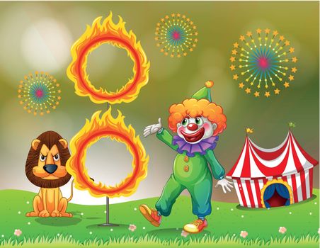 A ring of fire with a clown and a lion at the carnival