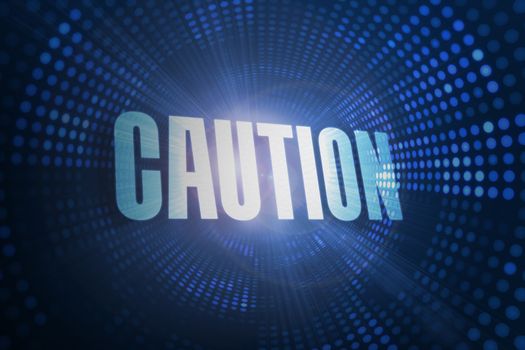 Caution against futuristic dotted blue and black background