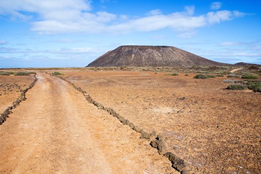 Trail and volcano on Island of Los Lobos in the Canary Islands