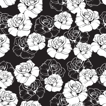 Seamless vector dark floral pattern with white retro roses on black background. Beautiful abstract vintage texture with pink flowers and cute background.