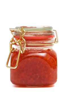 Red caviar in glass jar 