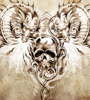 Sketch of tattoo art, skull and dragons
