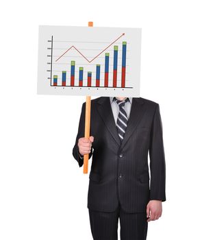 businessman in suit holding signboard with graph of profits