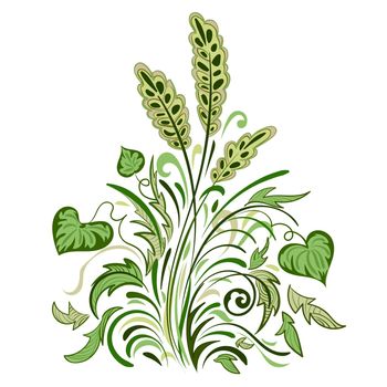 Floral swirl colored decorative pattern with leaves, grass and spikelets